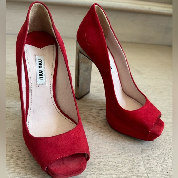 MIU MIU red suede peep toe crystal heels size 36 - Picture 6 of 12